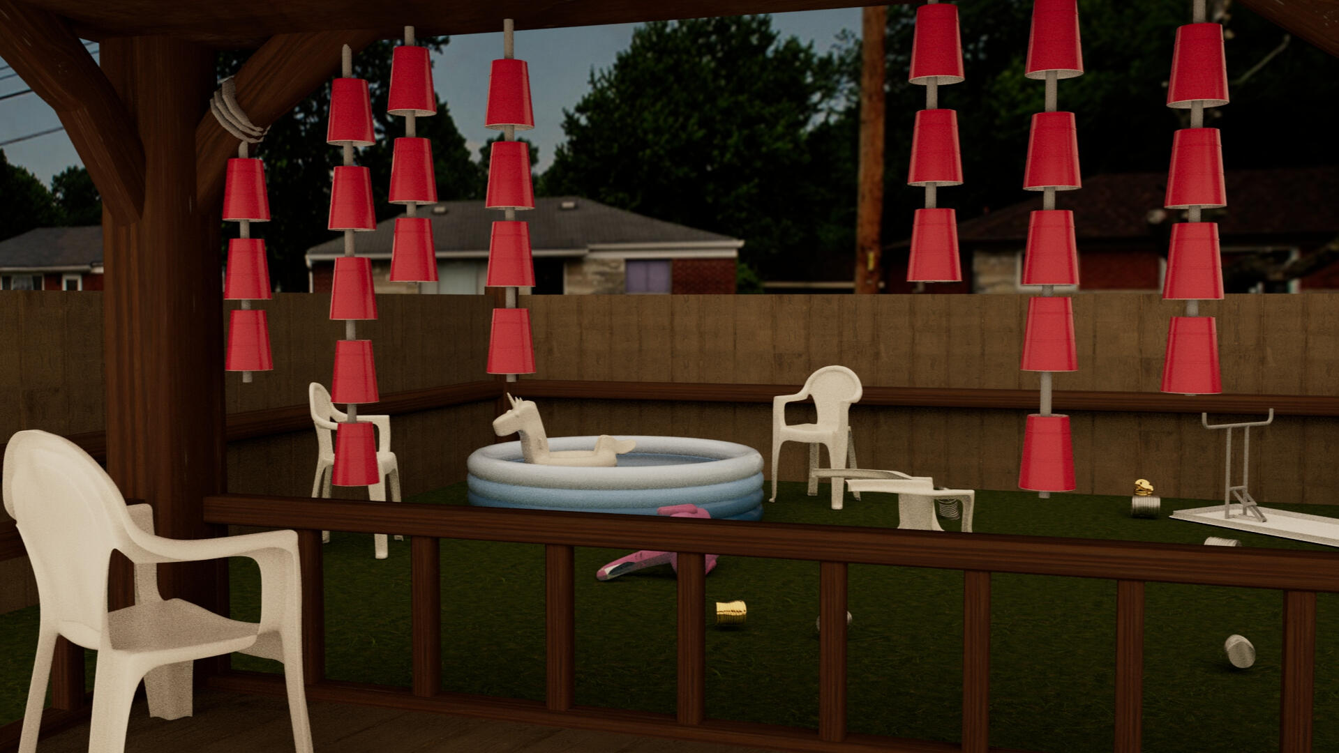 Group project to create a simple outdoor scene. All models found for free online except the pool, cups, deck, and fence all modeled by me. Rendered in Maya