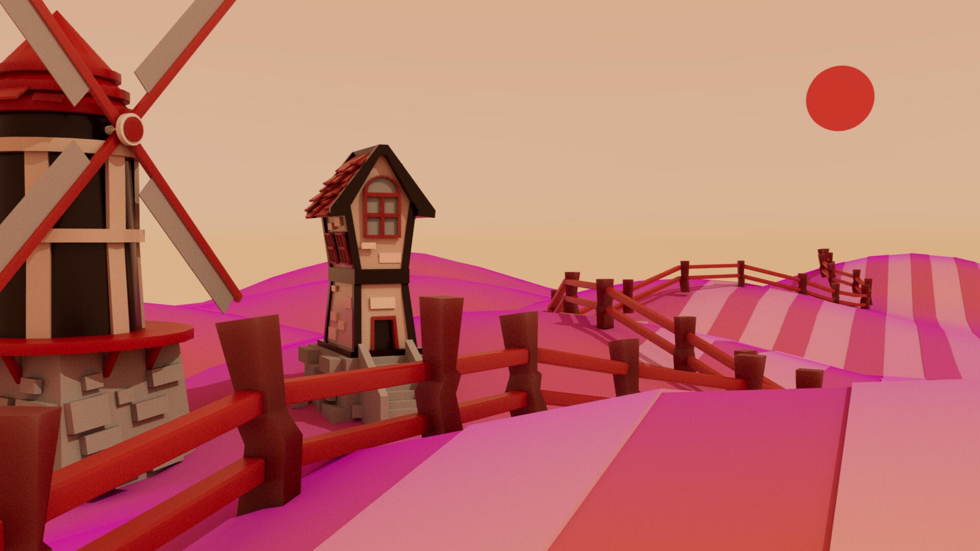 Landscape created for a school assignment, created, rendered, and textured in Blender